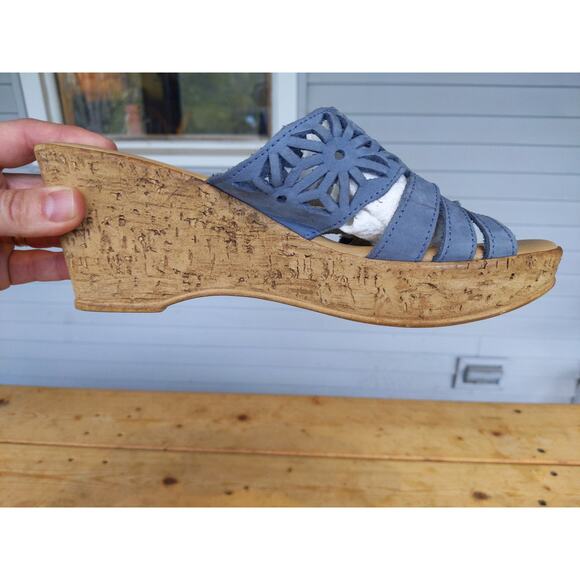 Spring Step Italian Leather Wedge Sandals Size 39/8.5 Blue Floral Cutout Cork - Picture 3 of 9